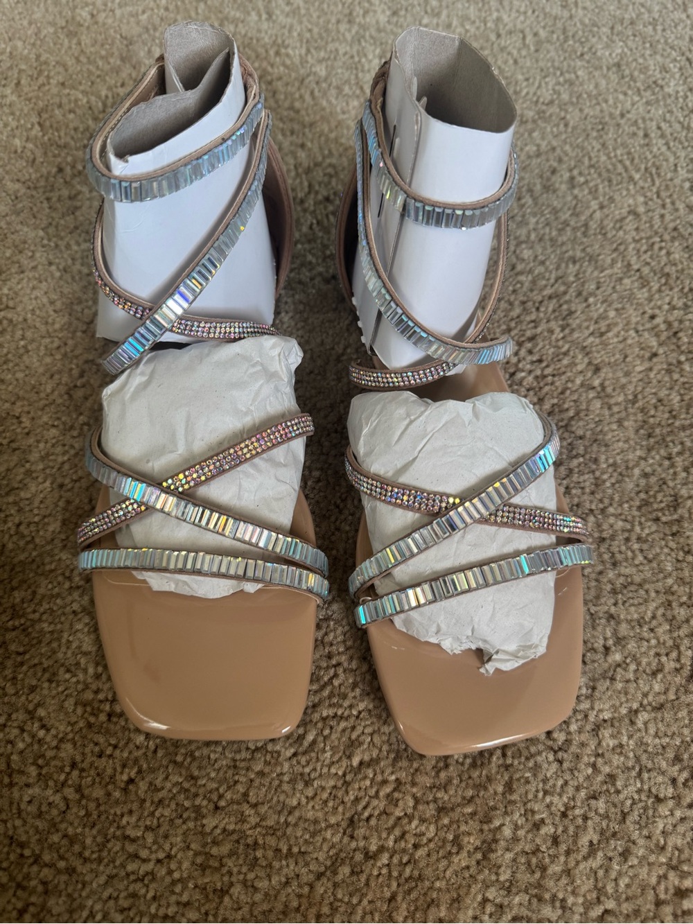 Thalia Sodi Nude Iridescent strappy Wrap zip Sandals New with box size 8